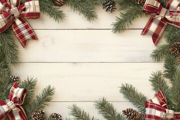 Elegant rustic Christmas banner with cream and taupe plaid patterns, wooden textures, barn red bows, and forest green pine branches, accented with muted gold and copper highlights