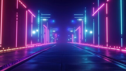Empty futuristic street at night. Neon lights illuminate geometric structures. Spotlight shines on pathway. Virtual reality tech concept. Cyberpunk style. Dark night. Mockup scene. Empty street for