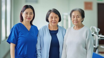 Obraz premium Middle-aged Asian women doing fitness exercises at medical rehabilitation center