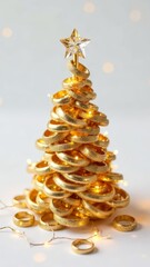 Jewelry fashion, luxury creative golden Christmas tree jewels, glamour beauty rings wearing expensive gold stylish Jewelry on white background, celebration Christmas and New year.