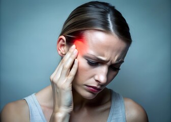Fototapeta premium A woman with a headache touches the area where the pain is with her hand. his face contorted in pain. Shot with soft studio lighting
