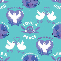 Seamless pattern background design, peace, love, peace and love, pigeon, bird, nation, heart, vector art illustration design