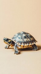 Obraz premium A turtle slowly crawling across a sandy surface, with a light beige background
