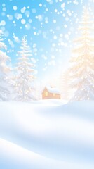 Fototapeta premium A small wooden cabin nestled in a snowy forest, surrounded by tall pine trees and soft sunlight filtering through. Tranquil winter scene.