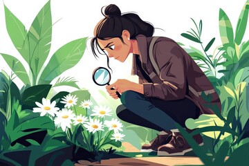 Young woman examines flowers in a lush green environment using a magnifying glass, showcasing curiosity and connection with nature in a vibrant illustration
