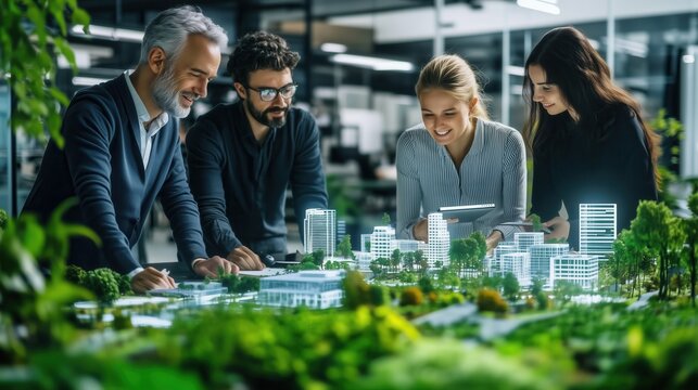 Architects working on sustainable green city project model with plants
