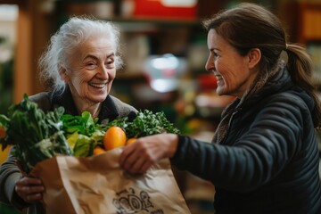 Volunteer helping elderly woman with groceries at food bank