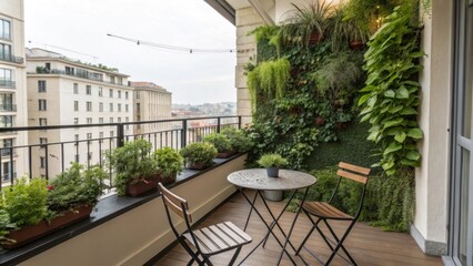 On this charming balcony a small iron table is surrounded by stylish folding chairs. Above a flourishing vertical garden bursts with greenery transforming the area into a tranquil