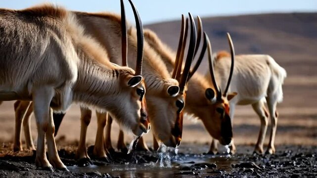 Saigas at a watering place drink water and bathe during strong heat and drought. Saiga tatarica is listed in the Red Book, Chyornye Zemli (Black Lands) Nature Reserve, Kalmykia region, Russia.