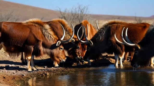 Saigas at a watering place drink water and bathe during strong heat and drought. Saiga tatarica is listed in the Red Book, Chyornye Zemli (Black Lands) Nature Reserve, Kalmykia region, Russia.