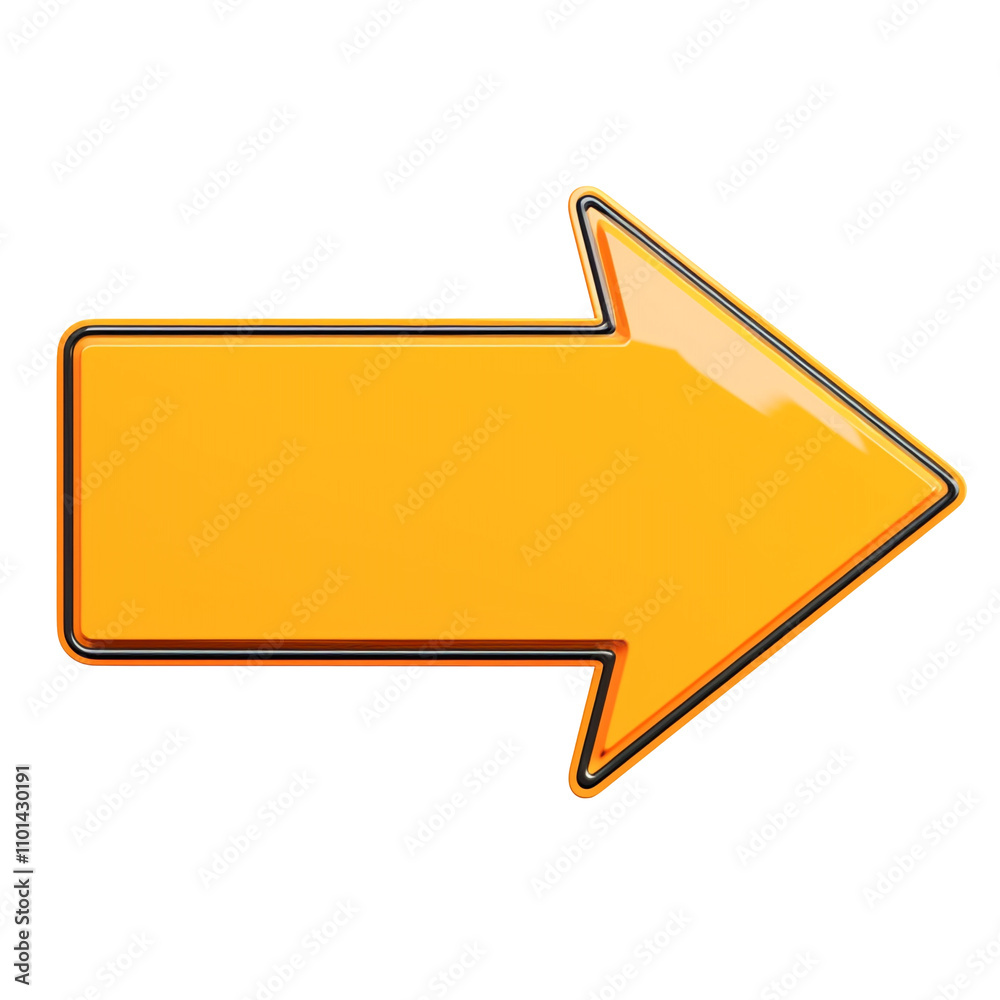 Poster bright yellow arrow pointing to right on white background, symbolizing direction and movement. gloss