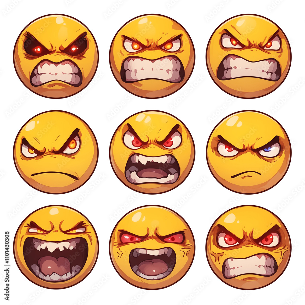 Poster various angry emojis with intense expressions on white background, showcasing different levels of an