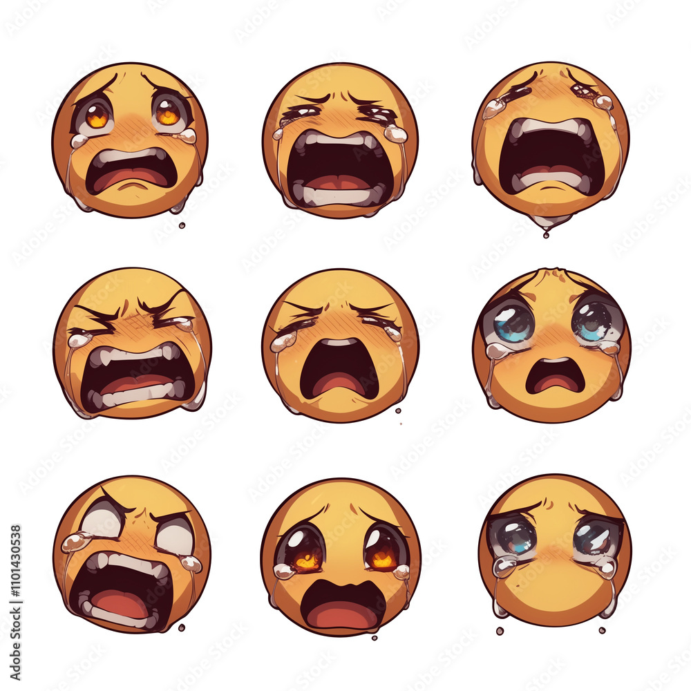 Poster various crying emojis with different expressions isolated on white background, showcasing emotions l
