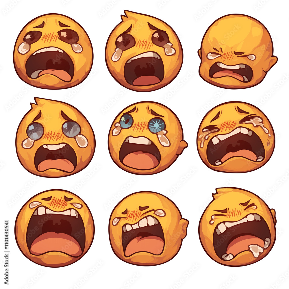 Poster various crying emojis with different expressions isolated on white background. png transparent