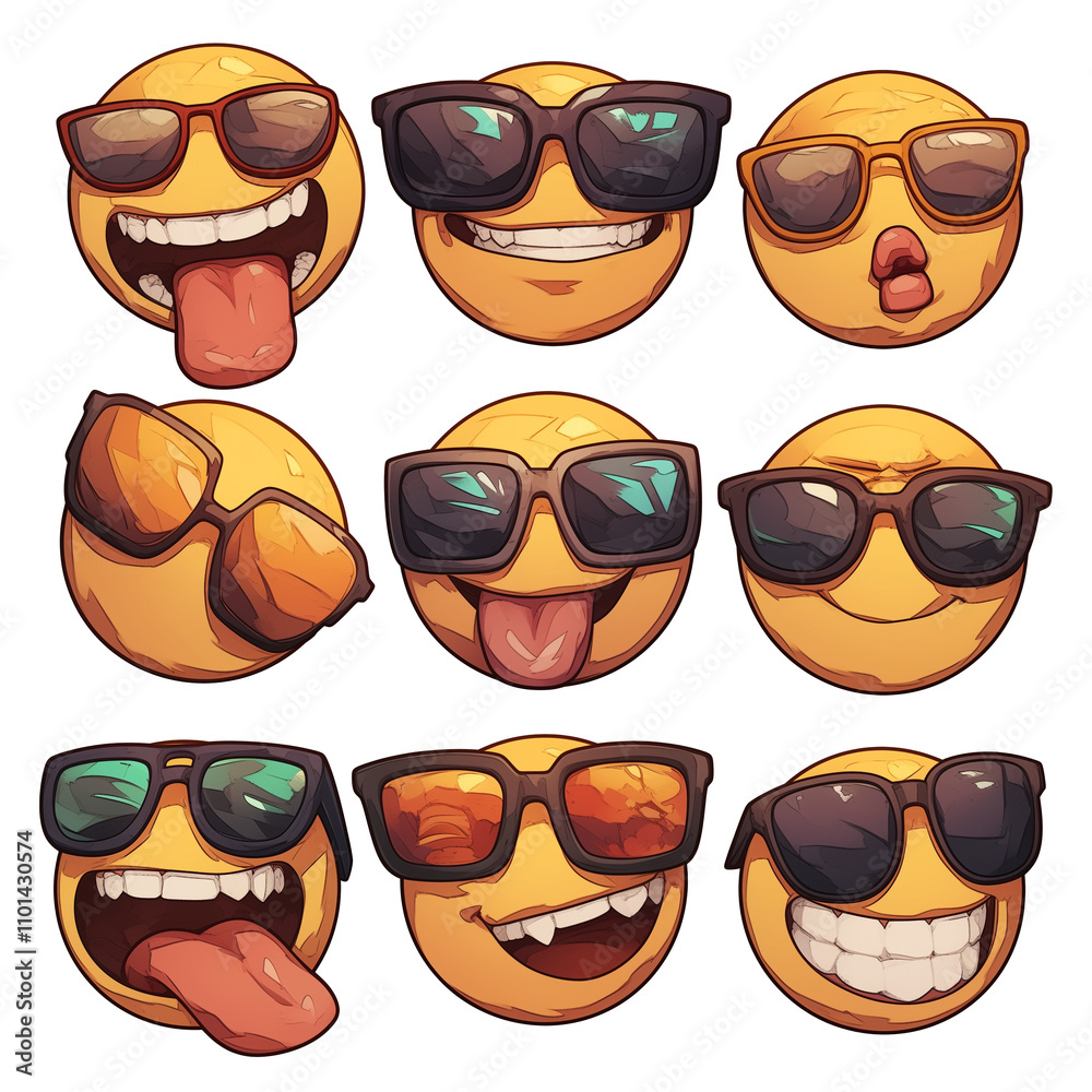 Poster various cool sunglasses emojis with different expressions on white background. emojis display range 