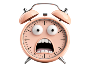 a pink alarm clock with a scared face