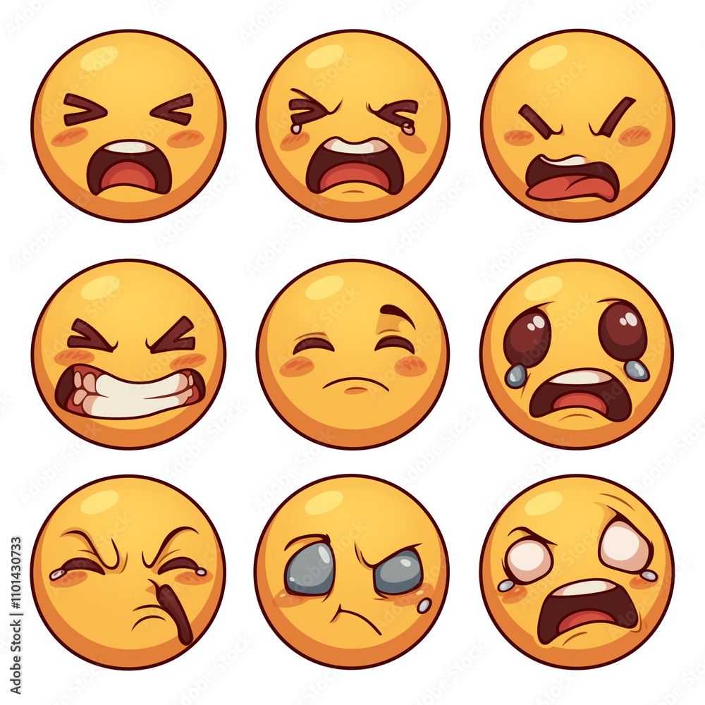 Poster various embarrassed emojis with different expressions isolated on white background, showcasing range