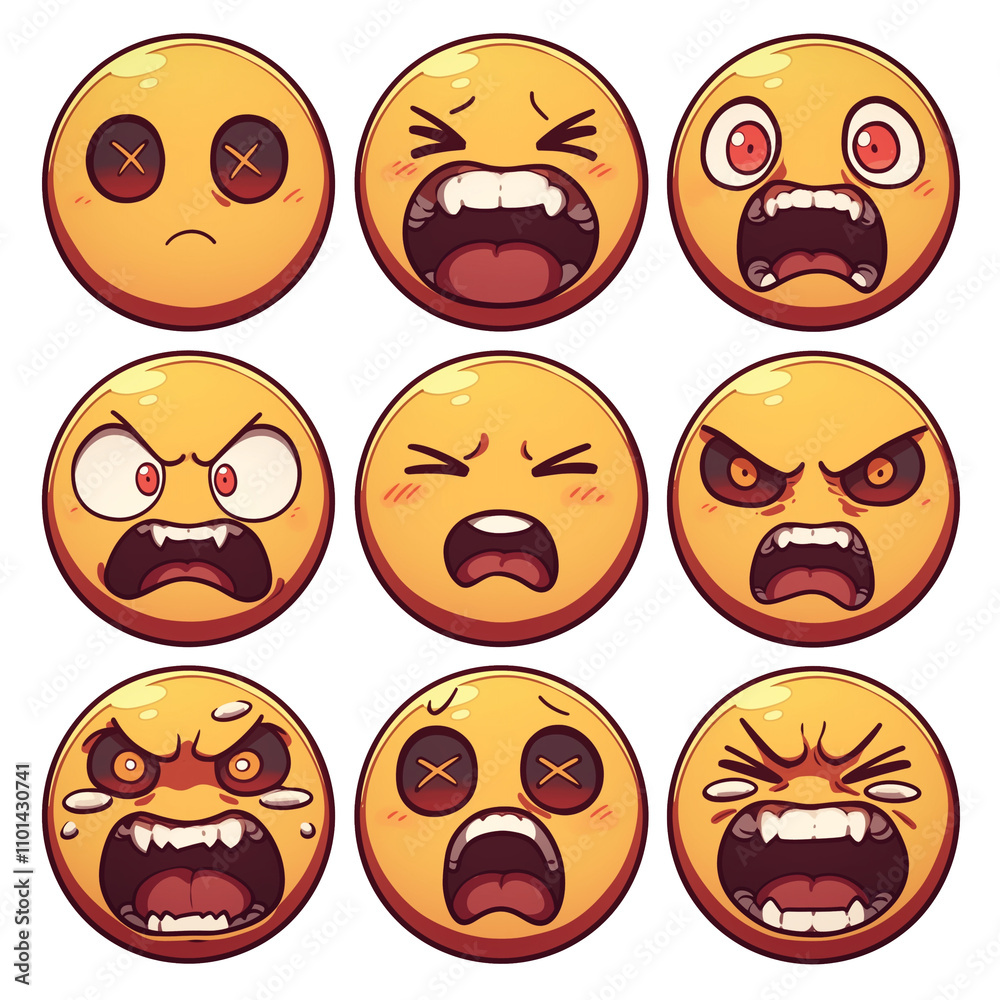Poster collection of various embarrassed and angry emojis with expressive faces isolated on white backgroun