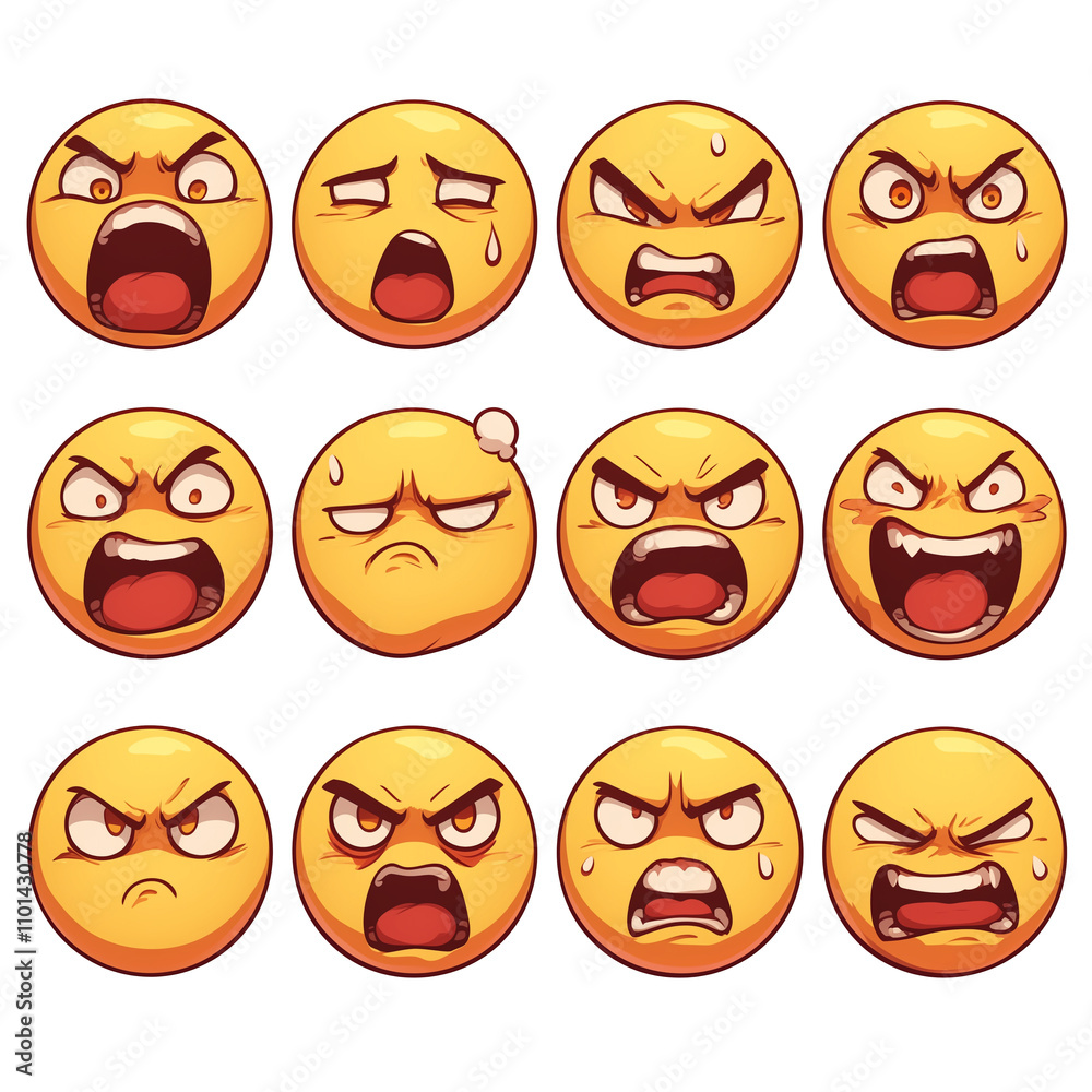 Poster various frustrated emojis with different expressions isolated on white background. these emoticons d