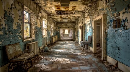 Fototapeta premium Historical remnants haunt this dimly lit hospital interior, creating an eerie atmosphere.
