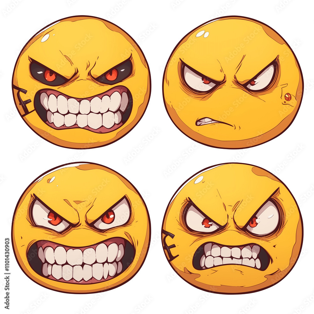 Poster four grimacing face emojis with intense expressions, featuring sharp teeth and furrowed brows, isola