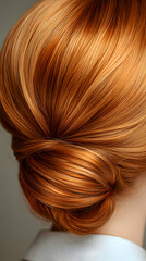 Naklejka premium Shiny Copper Red Hair, Elegantly Styled Updo, Smooth Texture, Detailed Back View, Hair Beauty Image