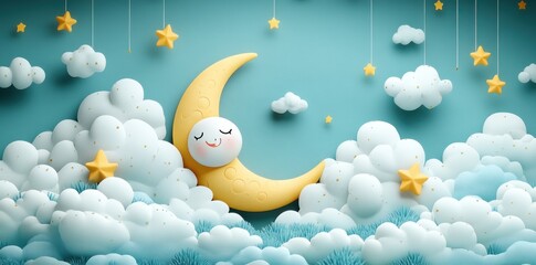 Obraz premium A Smiling Moon Rests Among Fluffy Clouds and Stars