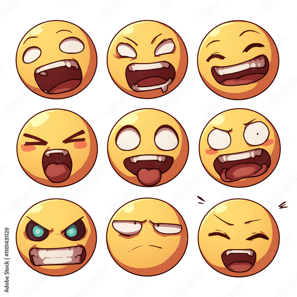 Poster Various joyful emojis with different expressions isolated on white background, showcasing range of emotions from happiness to anger. PNG transparent