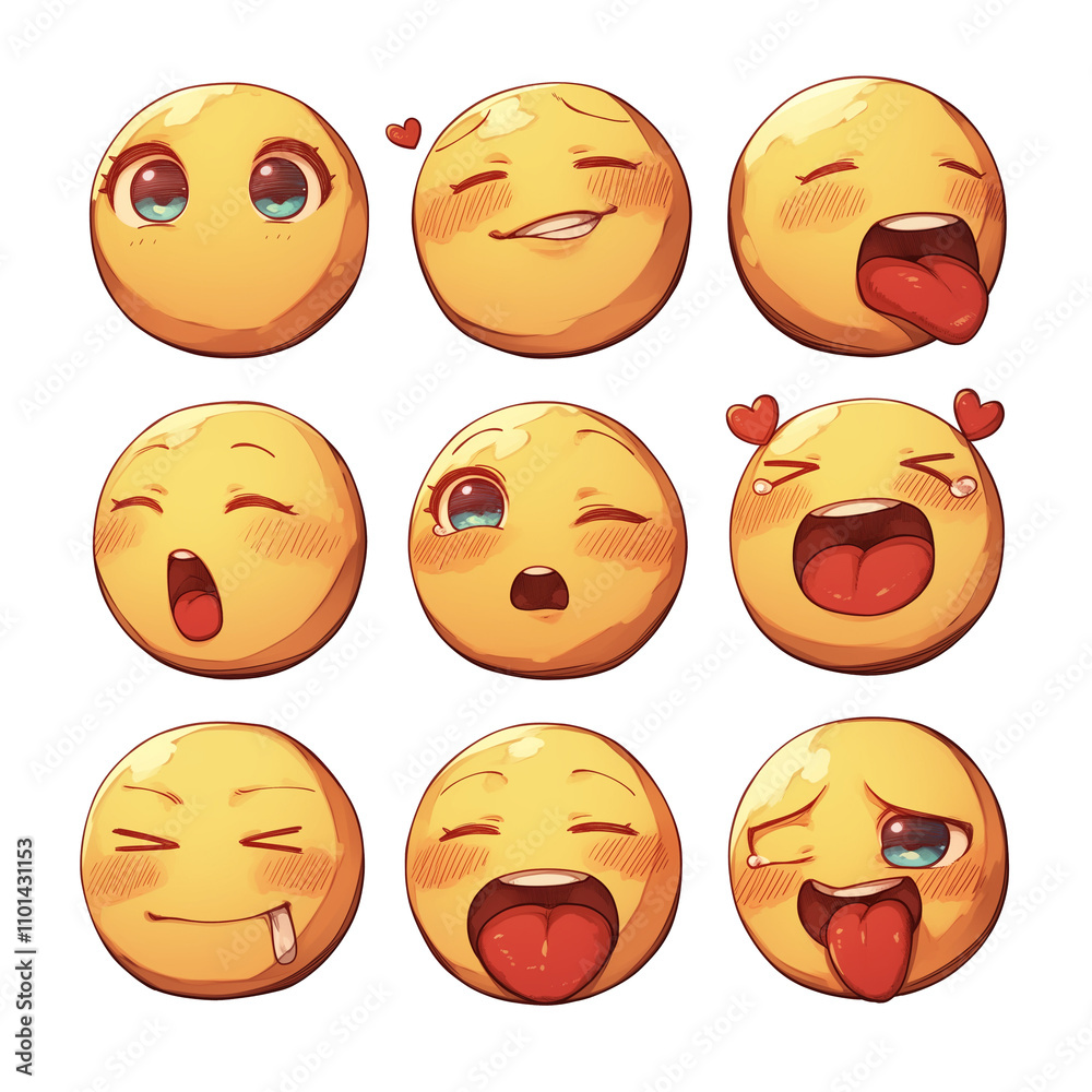 Poster various kissing emojis with different expressions, isolated on white background, showcasing range of