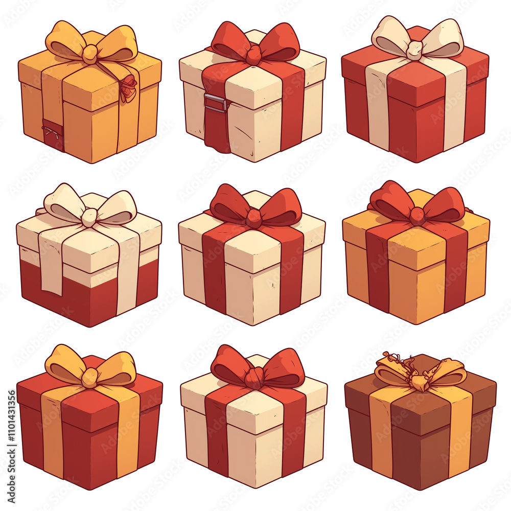 Aufkleber various matte gift boxes with bows in red, orange, and cream colors are arranged in grid pattern on 