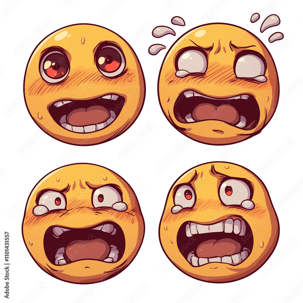 Poster four expressive emojis display range of intense emotions, including fear and surprise, with exaggera
