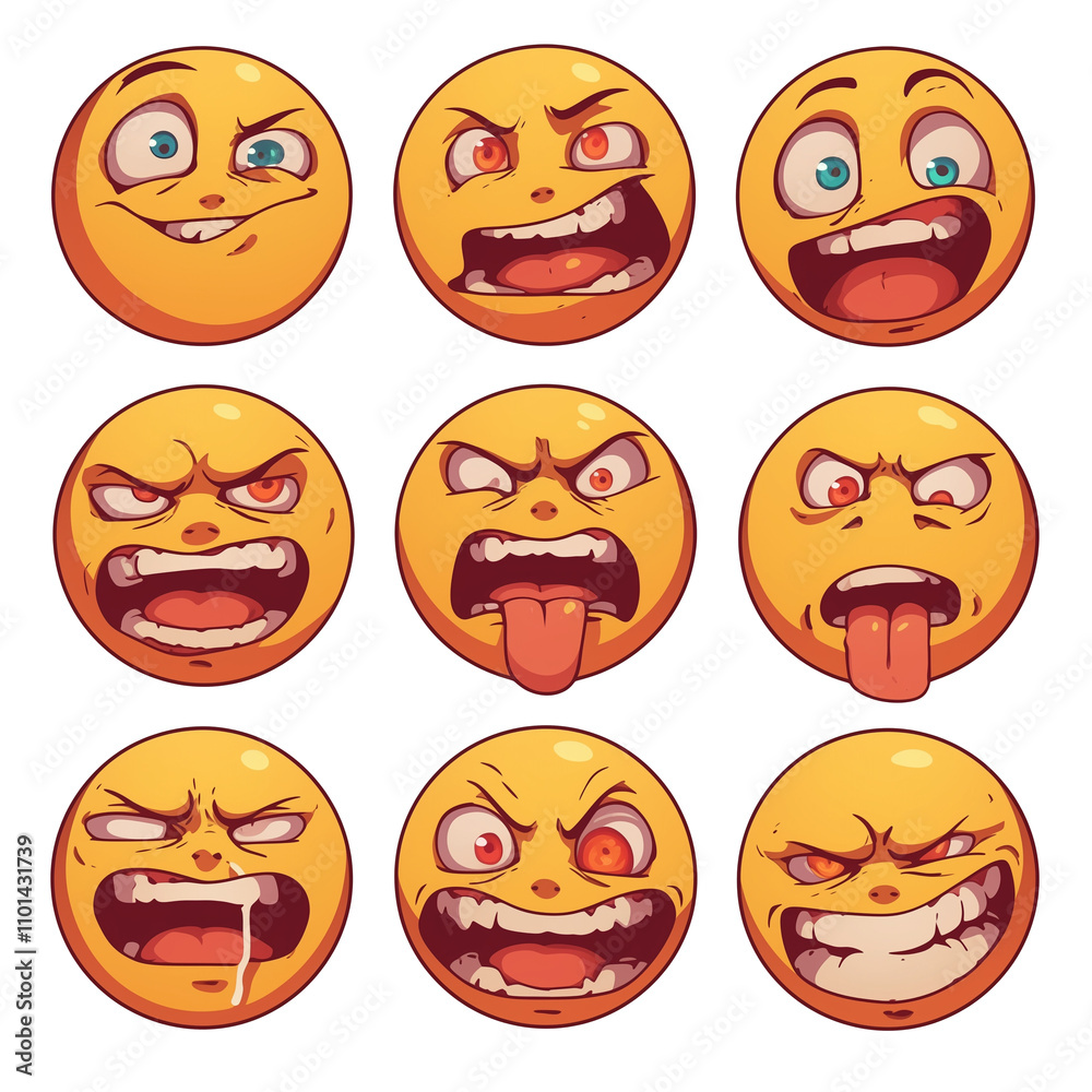 Poster various silly face emojis with exaggerated expressions on white background. these playful and colorf