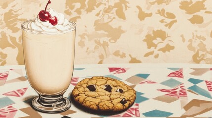 A creamy milkshake topped with a cherry beside a chocolate chip cookie on a patterned table.