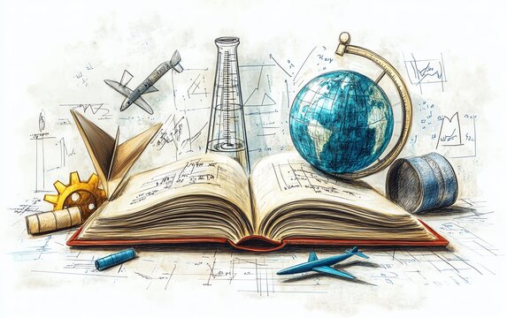 Handdrawn objects related to education and science, such as a book, paper plane, gears, and globe, with equations, placed on a white background, 3D render