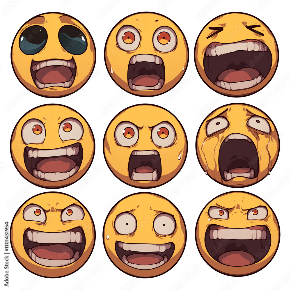 Poster various surprised emojis with expressive faces on white background. these emoticons display range of
