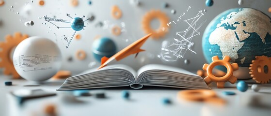 Obraz premium Illustration of scientific and educational objects like a book, paper plane, gears, and globe, with equations on a white background, symbolizing learning and progress, 3D render