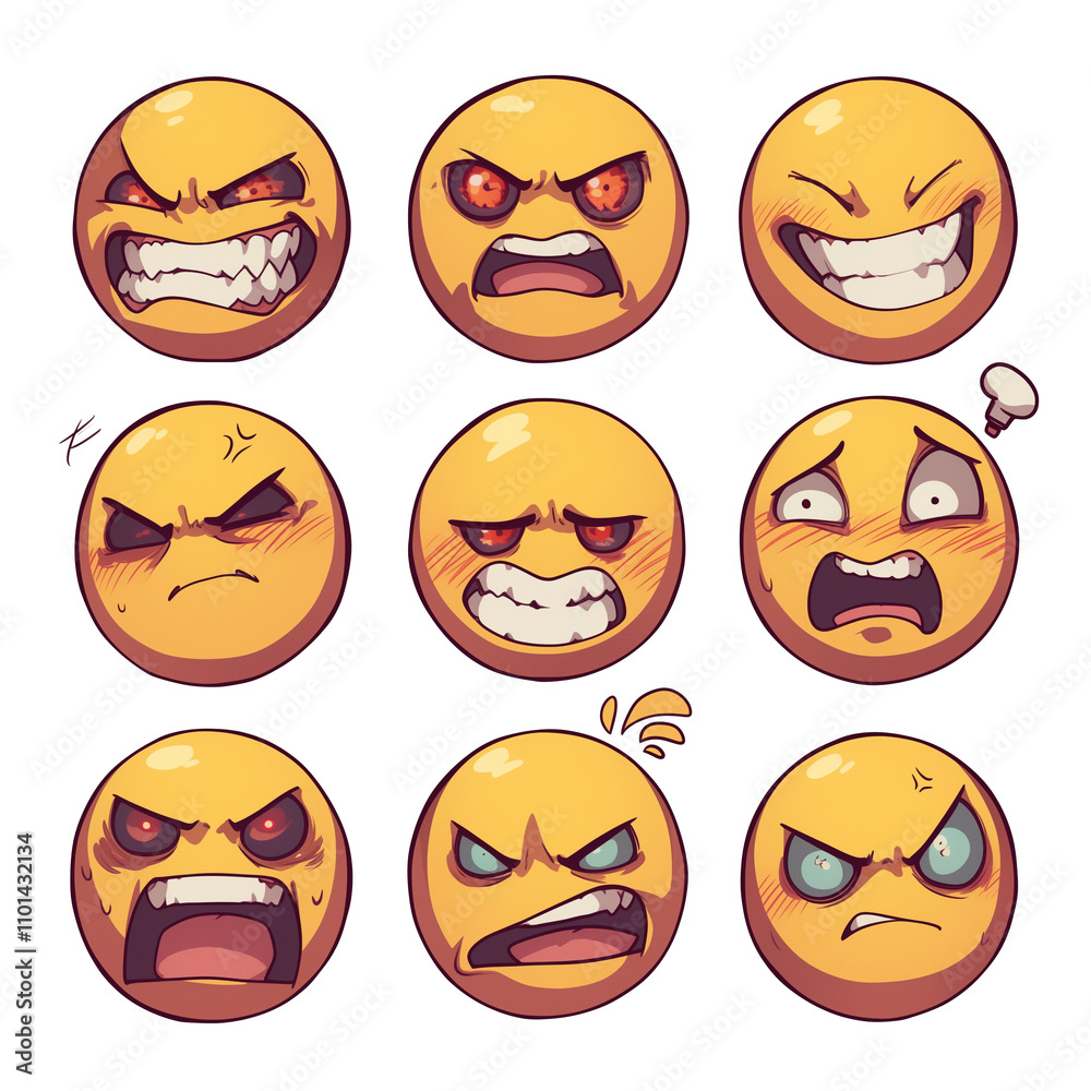 Poster Various angry face emojis with intense expressions isolated on white background. These emotive icons display range of emotions from frustration to rage, each with unique features. PNG transparent