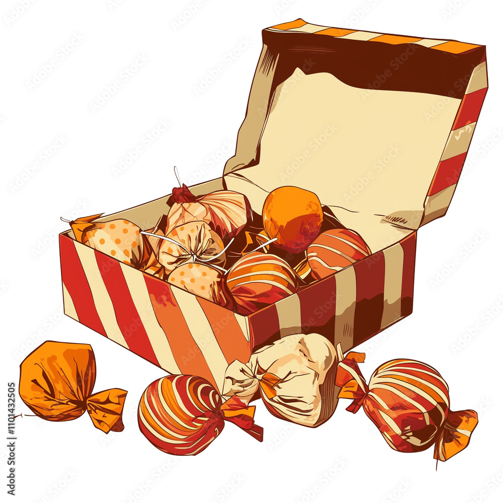 Poster colorful gift box filled with assorted candies, featuring vibrant wrappers and open lid, isolated on
