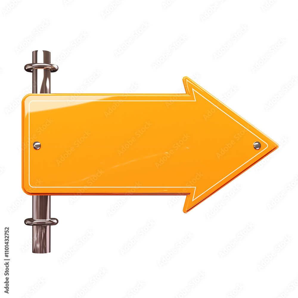 Poster bright orange directional arrow sign with metallic pole, isolated on white background. glossy finish