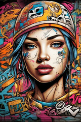 Complex and colorful graffiti with various elements, street art, urban culture symbols and dynamic facial expressions.
