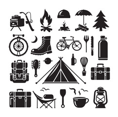 Camping elements set silhouette vector illustration 