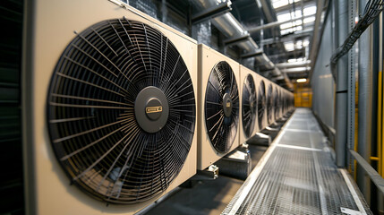Industrial Ventilation System,  Rows of Powerful Fans in a Modern Facility, Ensuring Efficient Air Circulation and Climate Control