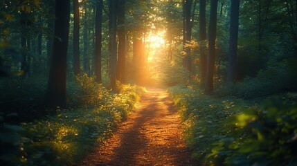 Obraz premium Sunlight shining through trees in a forest with a path