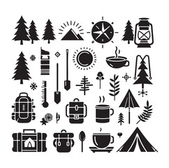 Camping elements set silhouette vector illustration 