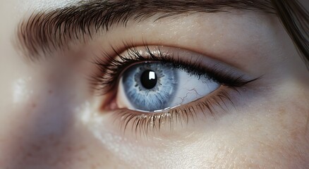 Obraz premium Close up of beautiful woman's eye with contact lenses. Vision health and smooth healthy skin care concept, eyelash extension procedure with long eyelashes.