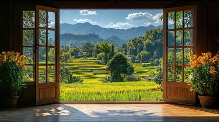 Fototapeta premium A scenic view of terraced rice fields framed by open windows, showcasing nature's beauty.