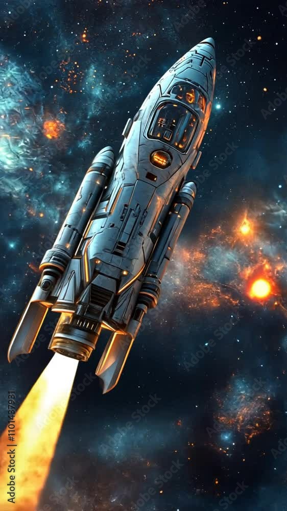 Wall mural cosmic launch: a sleek, futuristic spacecraft bursts through the atmosphere, leaving a fiery trail a