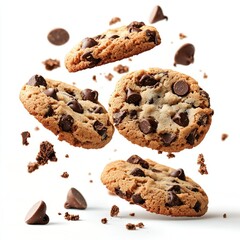 Floating Chocolate Chip Cookies with Chips, Chocolate chip cookies and scattered chocolate chips floating against a white background, highlighting their texture and sweetness.

