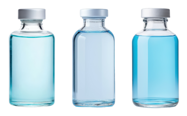 Three glass vials containing clear to blue liquid, each with a metallic cap, showcasing varying shades of liquid color.