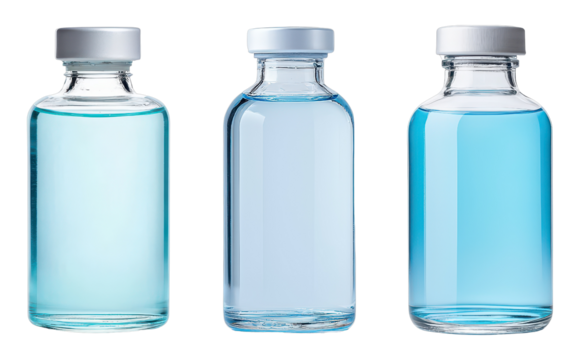 Three glass vials containing clear to blue liquid, each with a metallic cap, showcasing varying shades of liquid color.